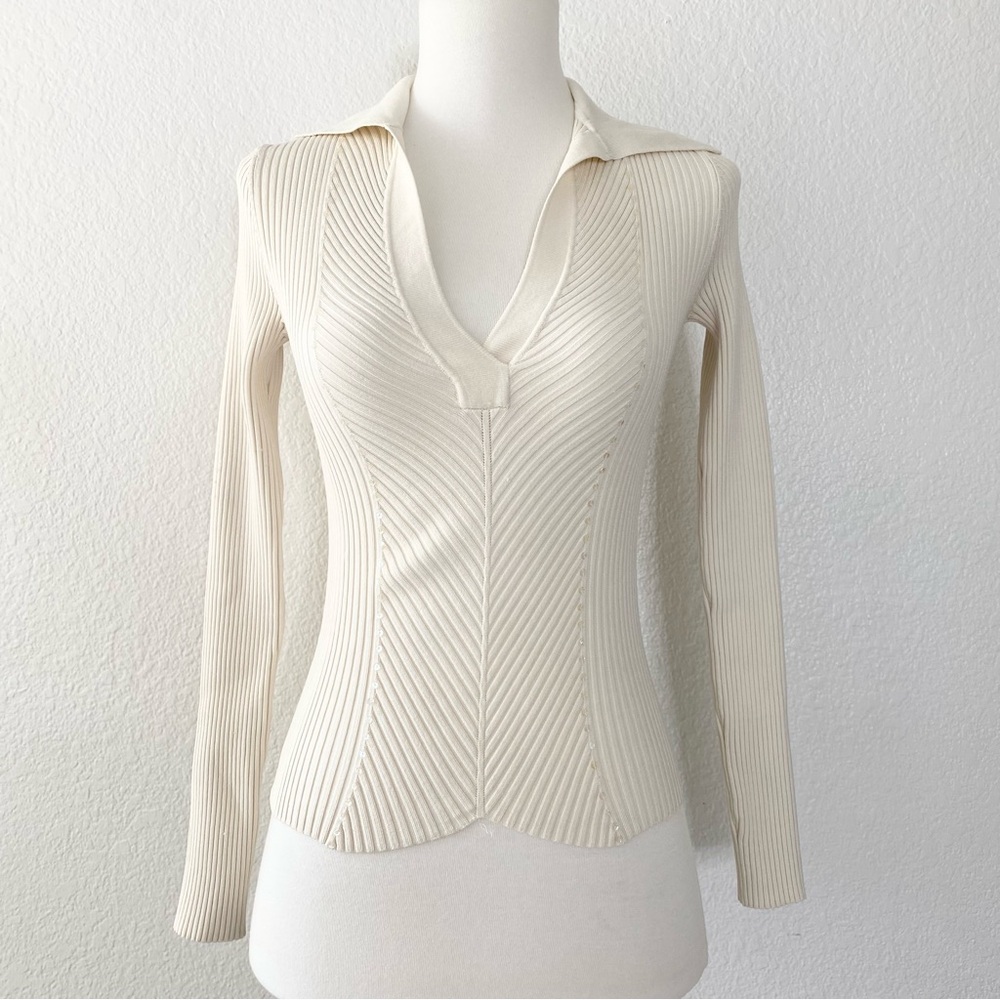 Cream Ribbed Long Sleeve Top